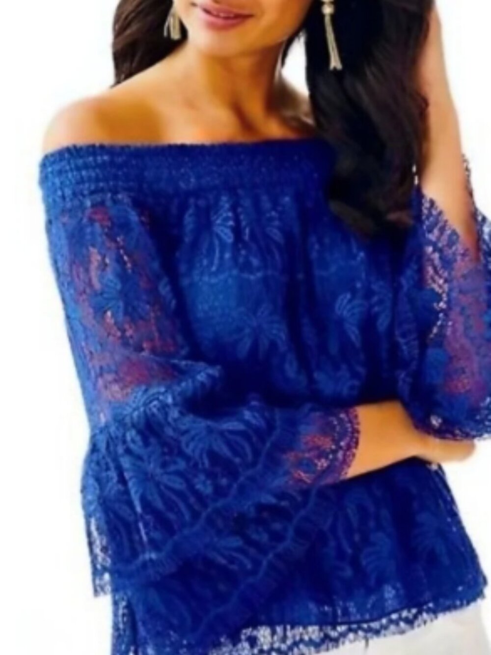 Lilly Pulitzer TOBYN XS Off The Shoulder Top Ikat Blue Palm Tree Lace Blouse